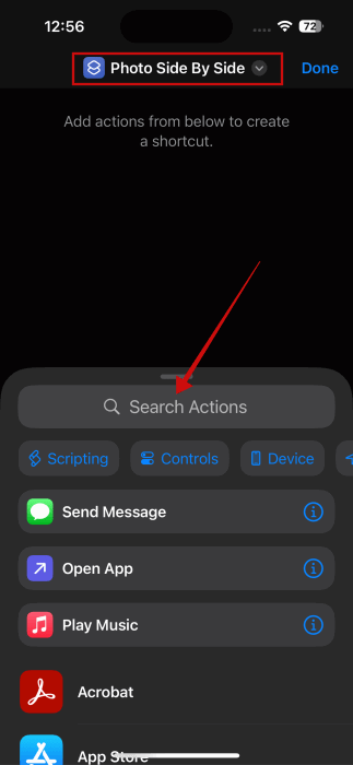 Нажатие на поле поиска действий в приложении Команды на iPhone