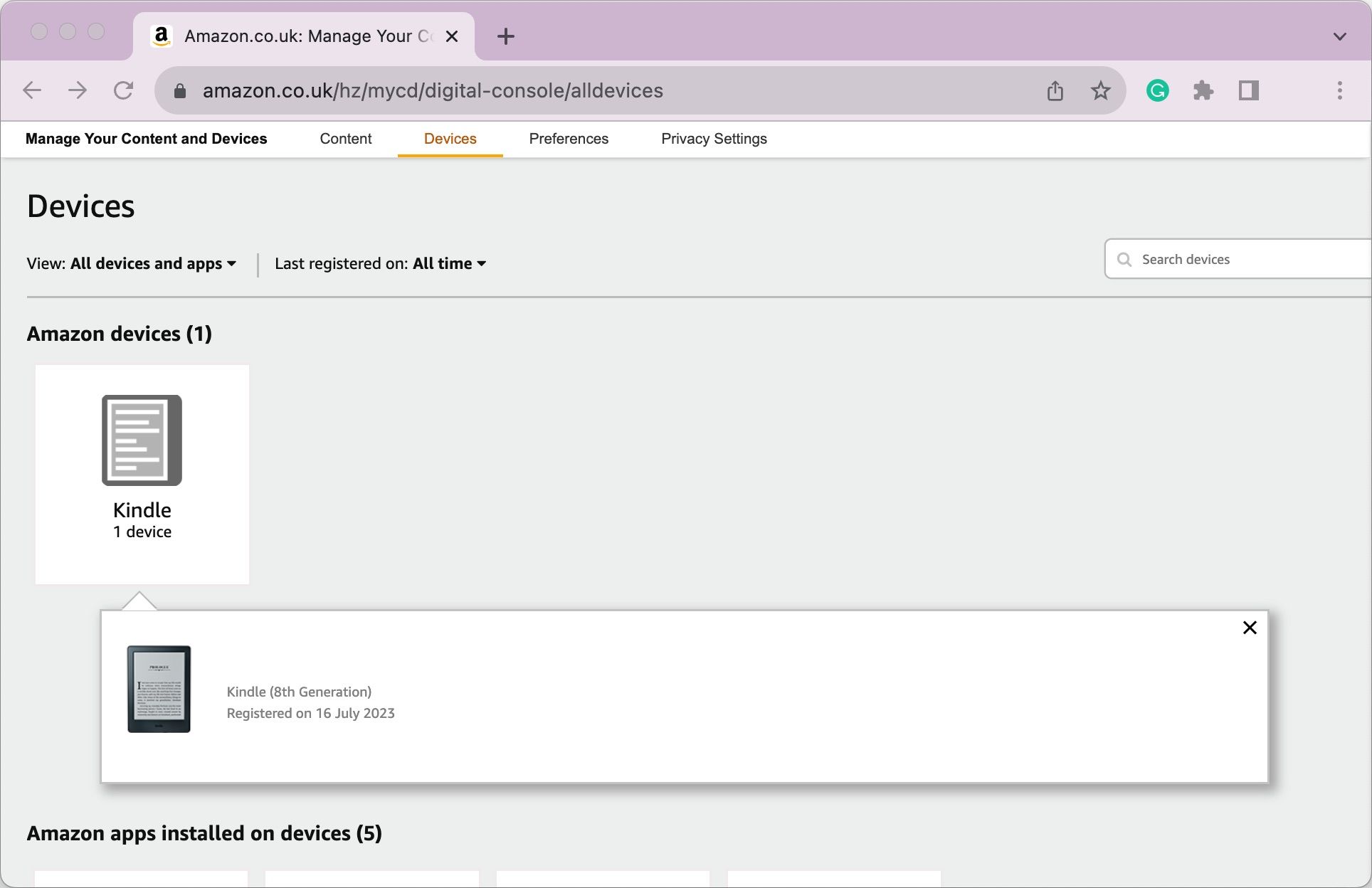 Amazon.com Manage Devices Page