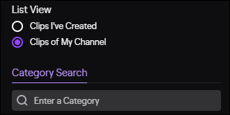 Список клипов Twitch, режим списка и фильтр 'Клипы моего канала'