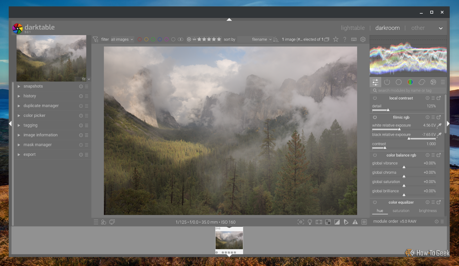 Darktable geöffnet auf Chromebook zeigt Berglandschaft.