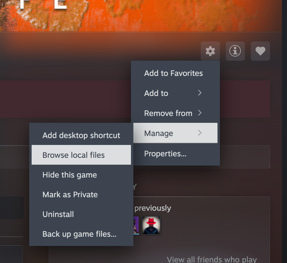 Просмотр локальных файлов игры в Steam.
