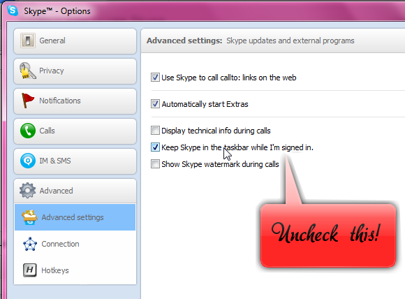 Опция 'Держать Skype на панели задач, пока я в сети' в Skype