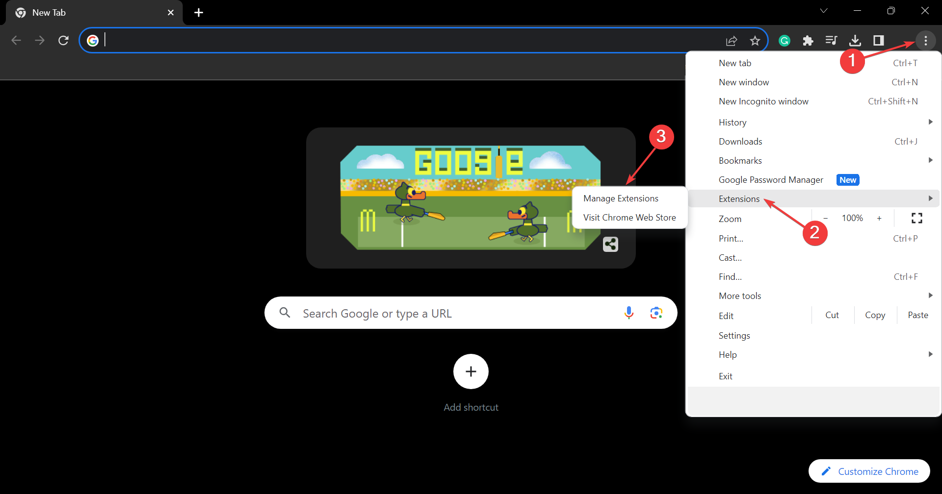 Меню управления расширениями в Chrome