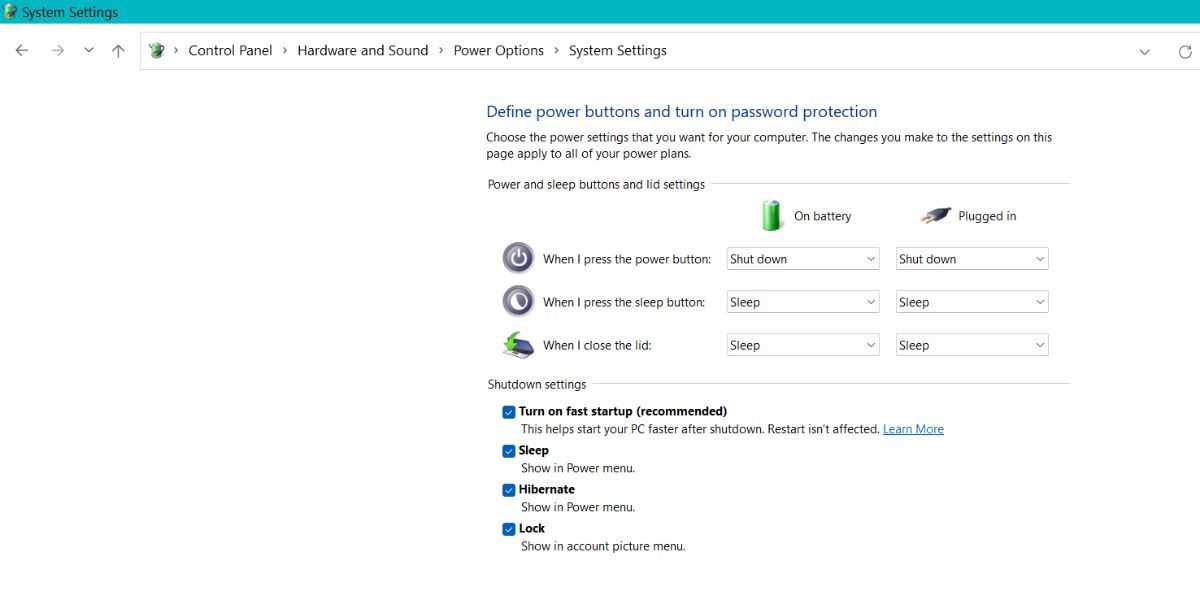 Включение гибернации через Панель управления