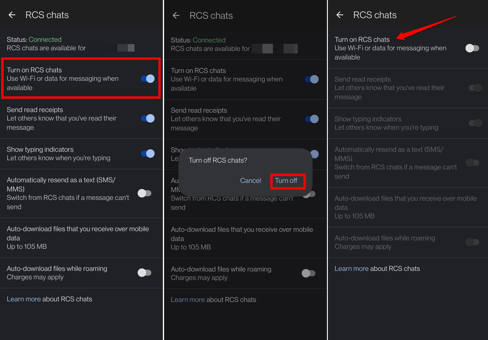 Отключение RCS в настройках Messages