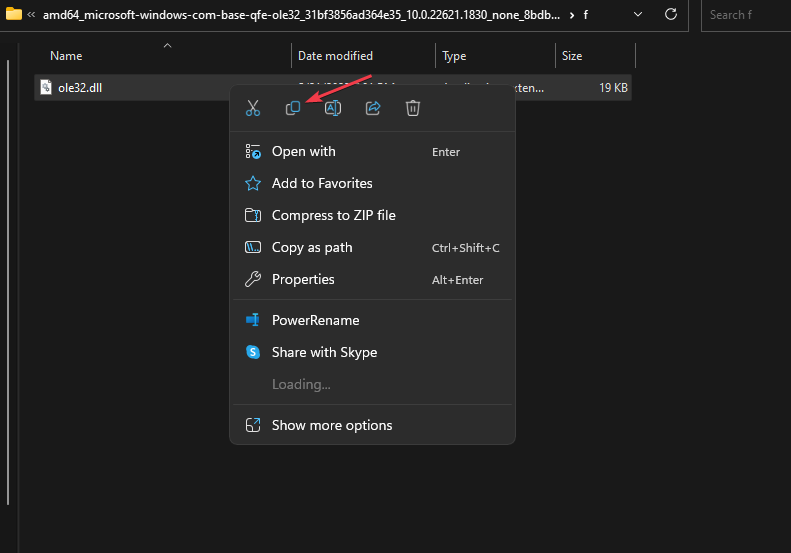 Копирование файла ole32.dll из резервной папки