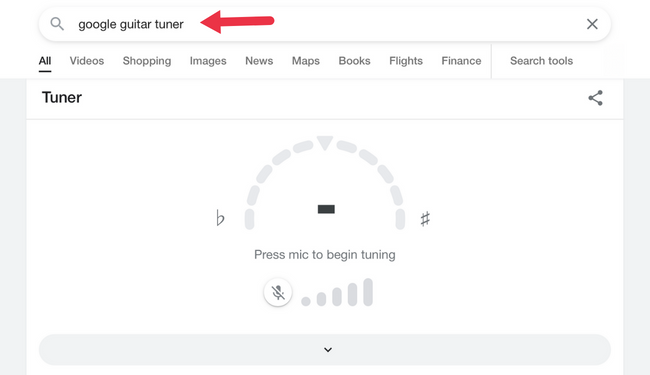 Апплет Google Guitar Tuner вверху результатов поиска