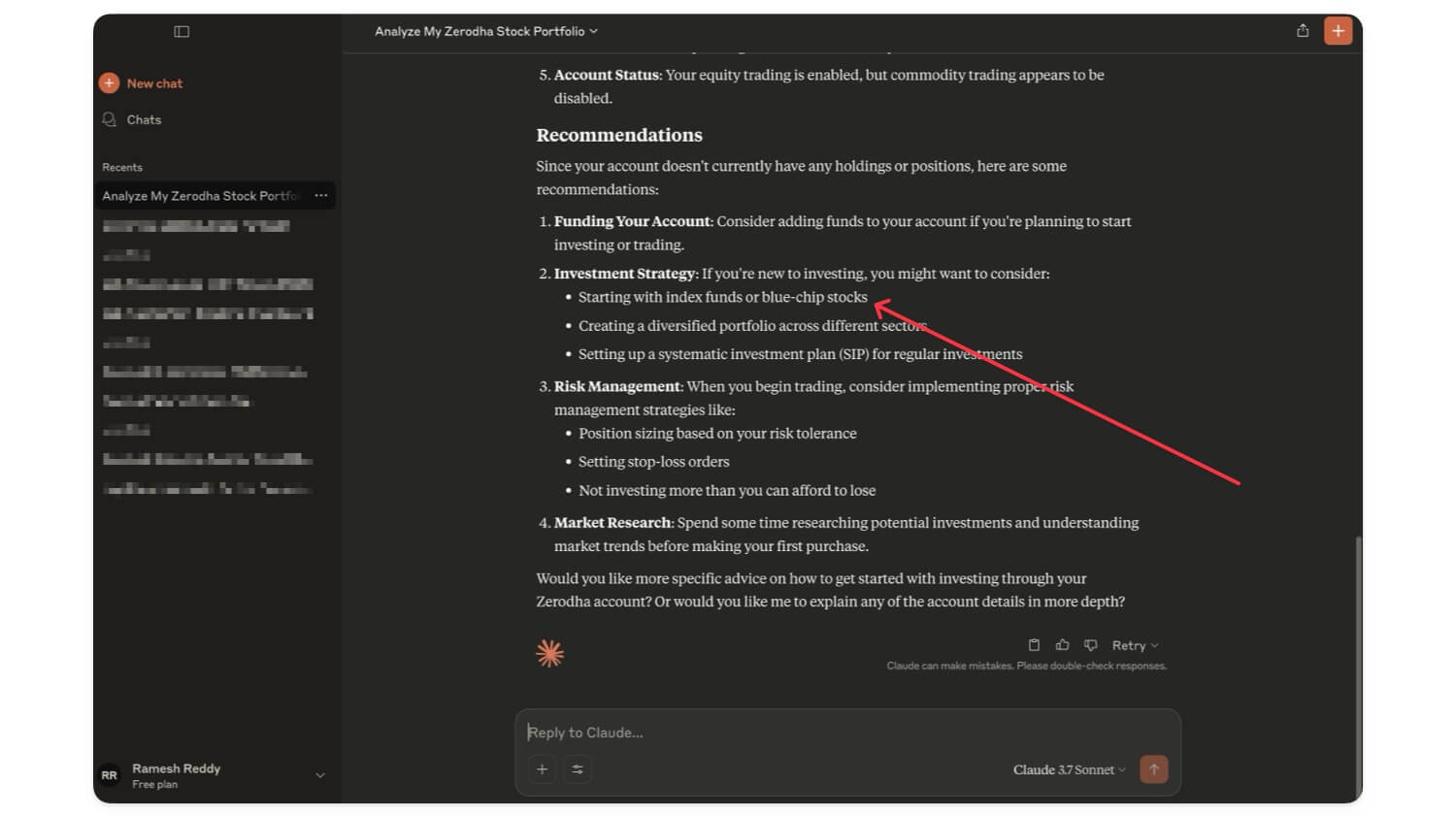 Интерфейс Claude с анализом портфеля после подключения