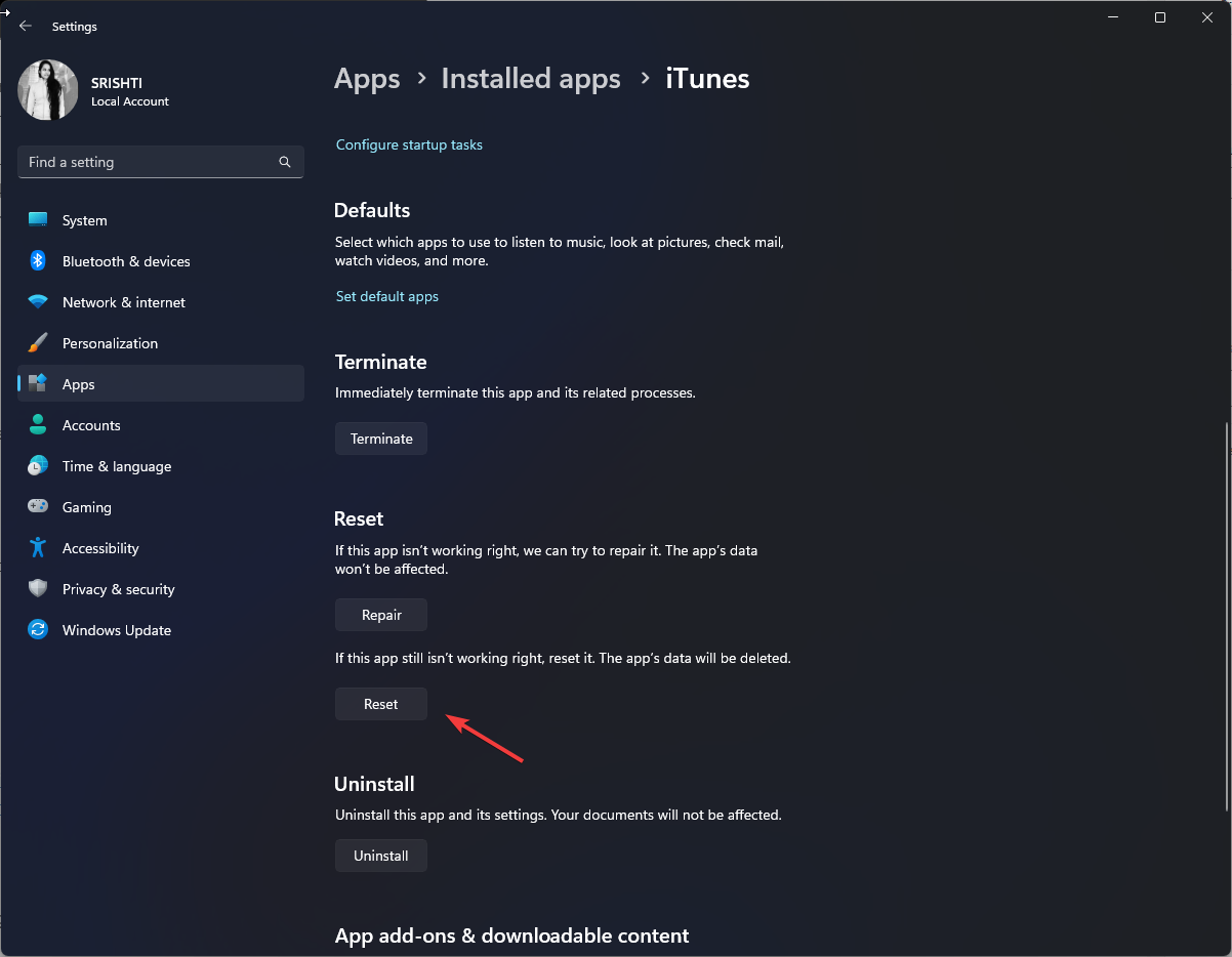 Кнопка сброса настроек приложения iTunes