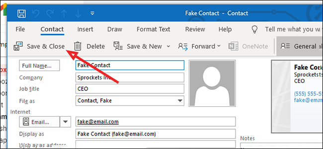 Сохранение контакта в Outlook после открытия vCard