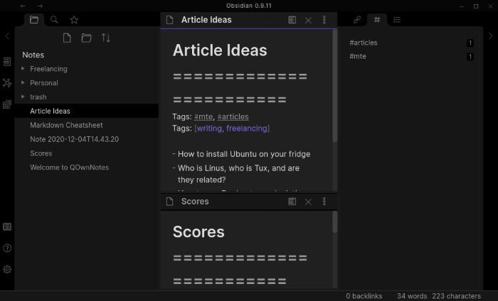 Использование тегов в заметках Obsidian — панель тегов