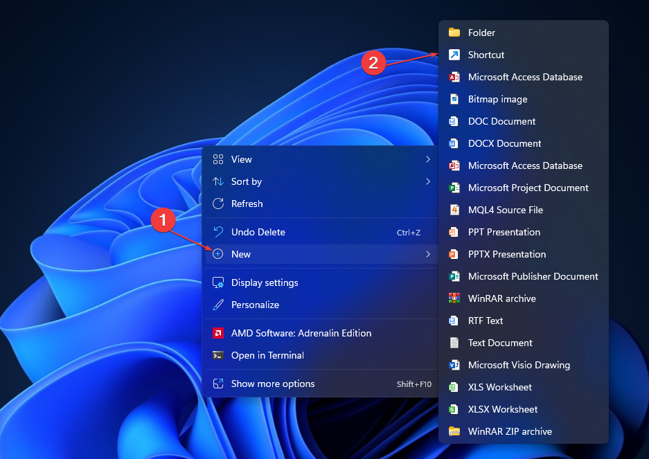 Создание нового ярлыка на рабочем столе