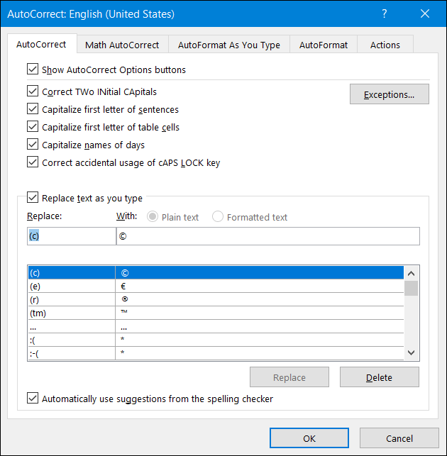 Окно «Параметры автозамены» в Word с выделенной вкладкой автозамены