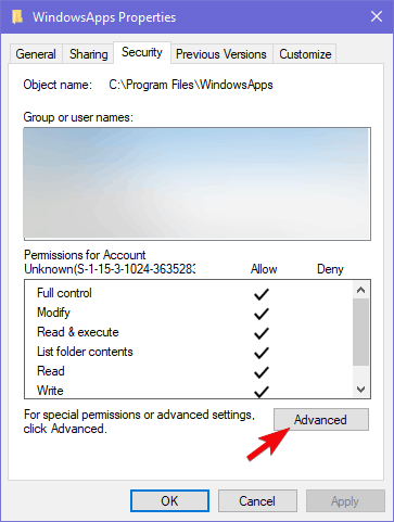 Окно дополнительных параметров безопасности папки WindowsApps