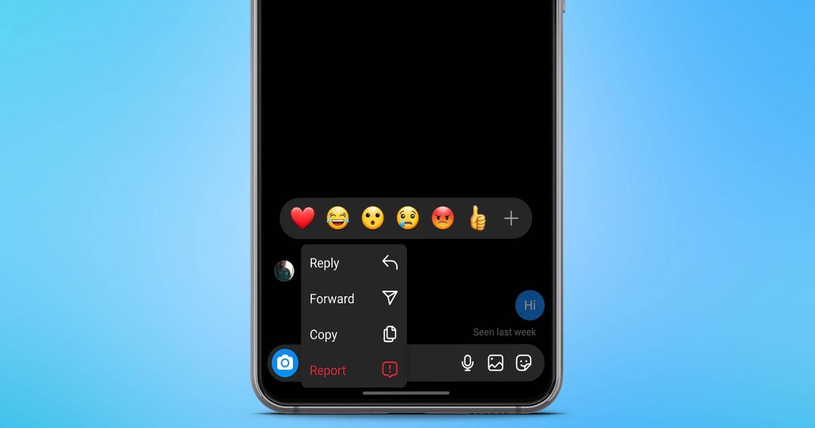 Макет интерфейса реакций в сообщениях Instagram