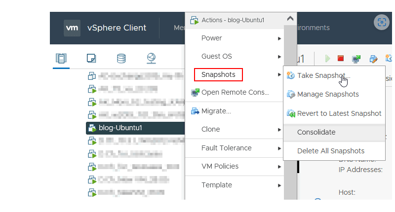 VMware vSphere — меню Snapshots и Consolidate