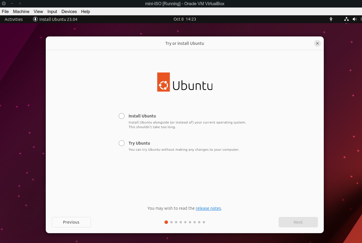 Экран «Попробовать или установить Ubuntu» в Lunar Lobster