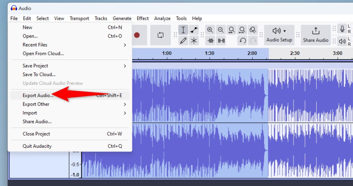 File > Export Audio highlighted in Audacity.