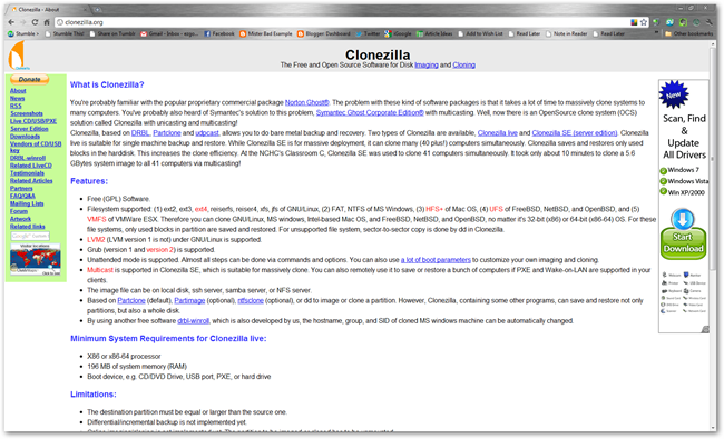 Скрин сайта Clonezilla.org — страница загрузки