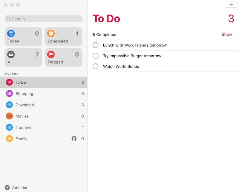 Интерфейс приложения «Напоминания» на Mac