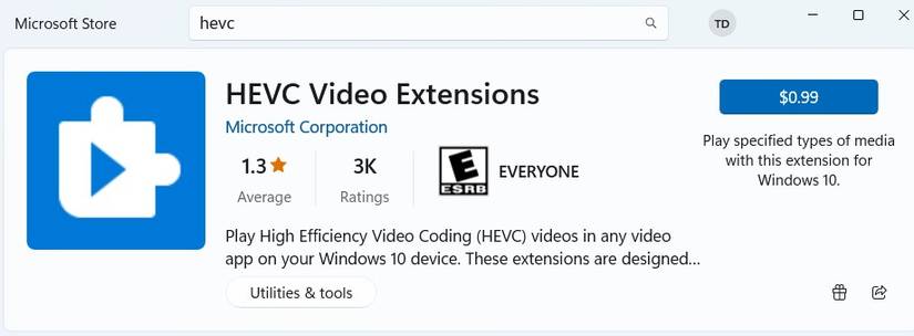 Скриншот расширения HEVC в Microsoft Store, показывающий платную версию.