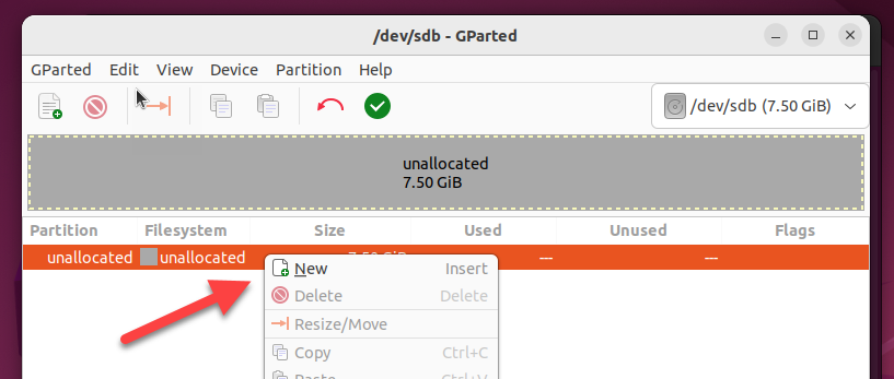Щёлкните правой кнопкой по незанятому пространству и выберите New для создания нового раздела