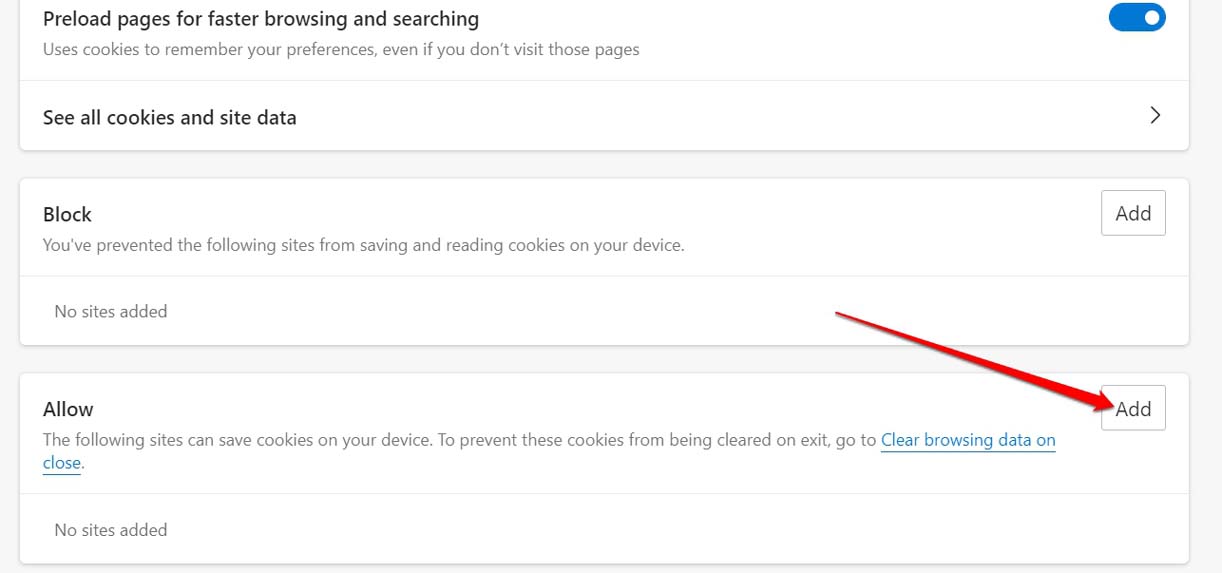 Добавление сайта в список разрешённых cookies
