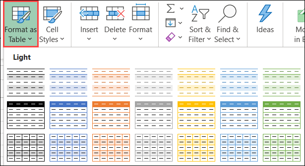Формат как таблицу