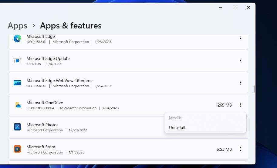 Опция удаления OneDrive