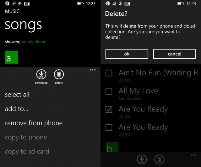 Экран музыки с выбранными треками для удаления.