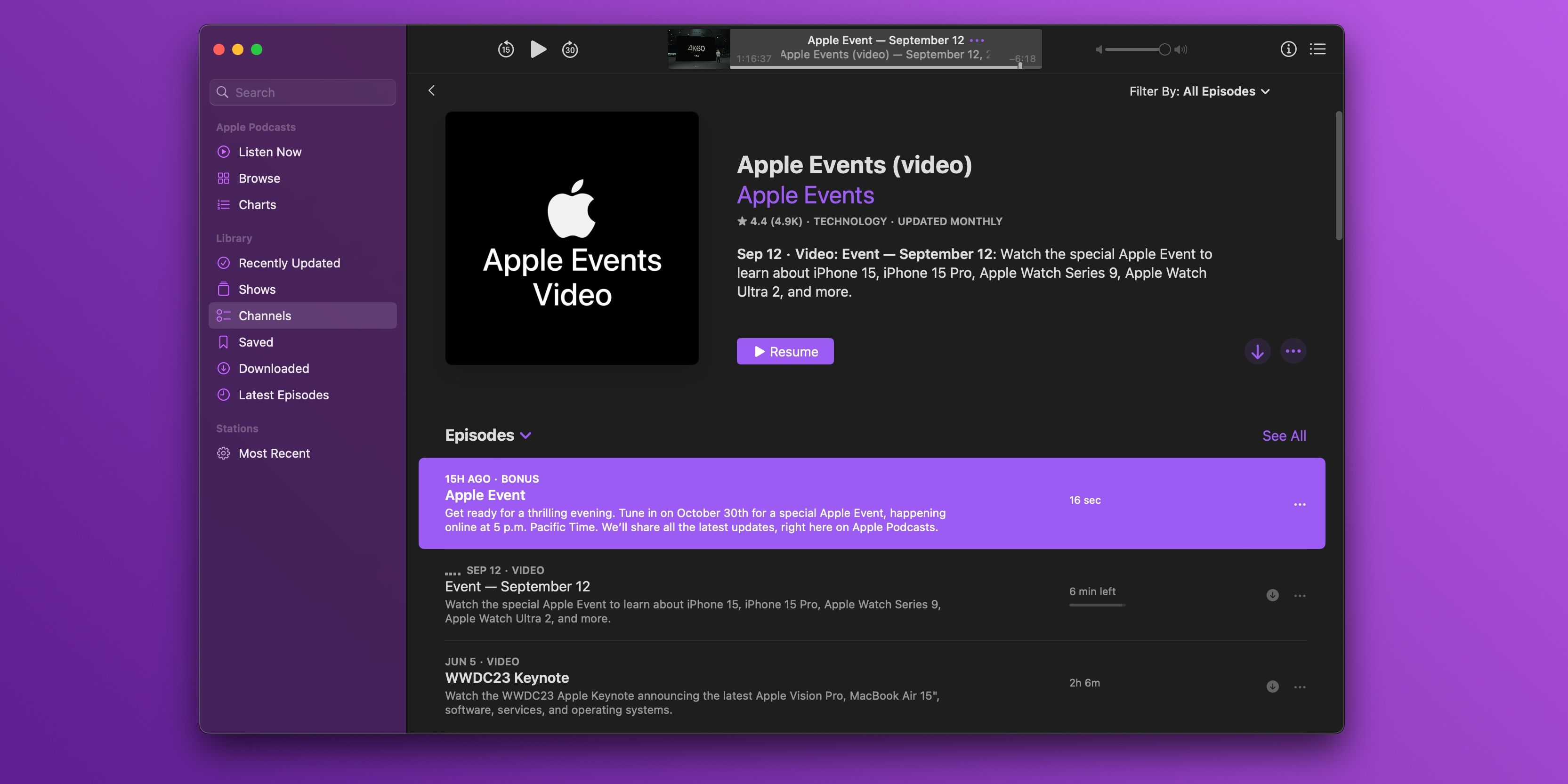 Подкаст канала Apple Events в приложении Apple Podcasts на Mac, показывающий видео‑выпуски мероприятий