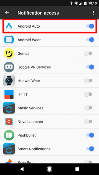 Android Auto в списке доступа к уведомлениям: включено