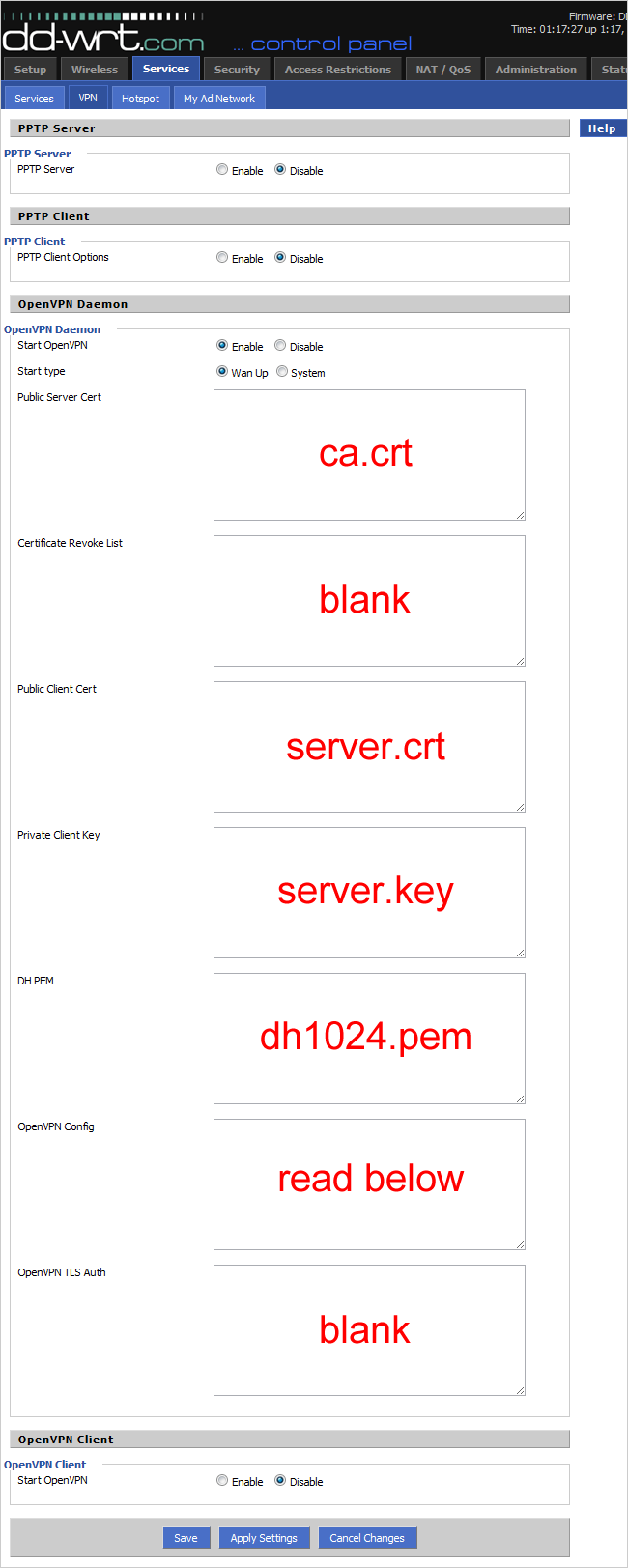 Вставка сертификатов в поля DD‑WRT