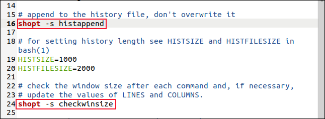 Редактор gedit с открытым .bashrc и выделенными shopt