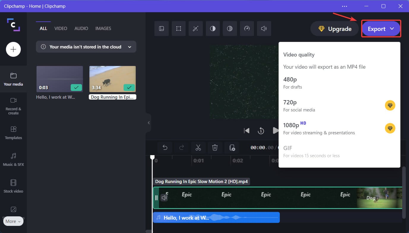 Экспорт финального видео в Clipchamp