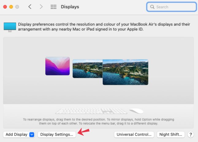 Кнопка «Настройки дисплея» в окне «Дисплеи» macOS