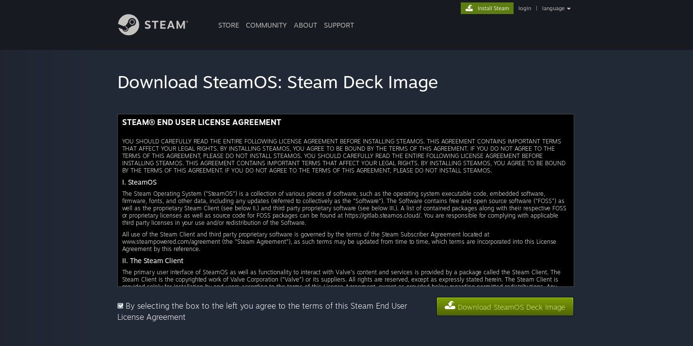 Показано соглашение EULA перед загрузкой образа SteamOS.