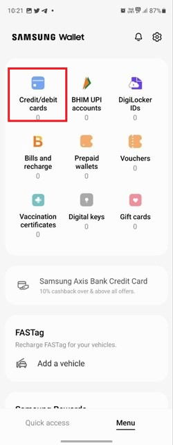 Опция Кредит/дебет карты в Samsung Wallet.