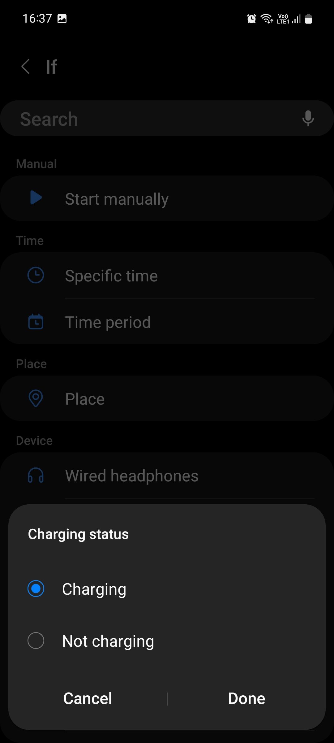 Charging status popup on Bixby Routines If panel