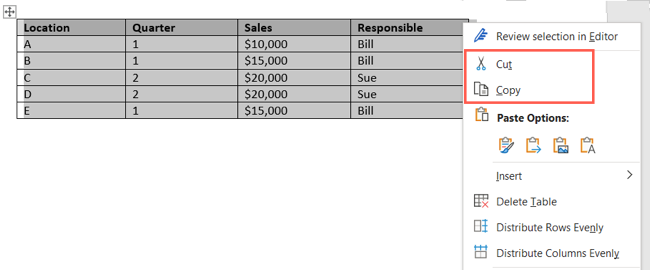 Варианты Вырезать и Копировать в контекстном меню