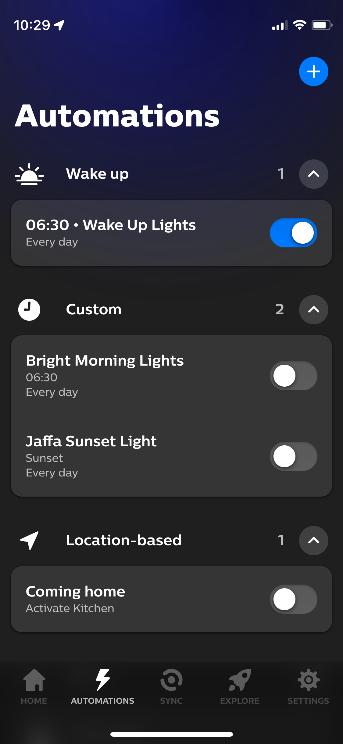 Вкладка автоматизаций в приложении Hue
