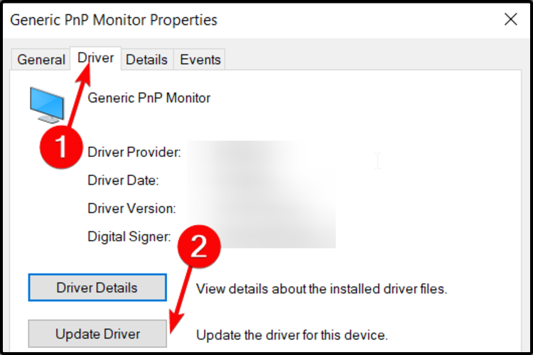 Кнопка Обновить драйвер во вкладке Драйвер