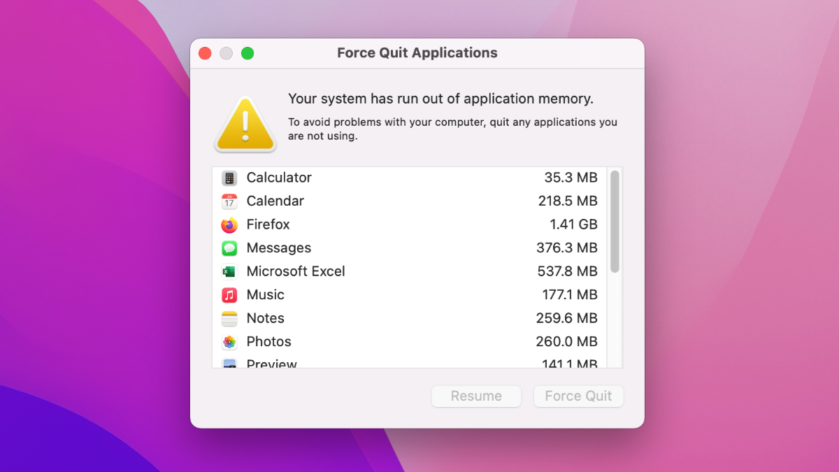 Предупреждение macOS о памяти