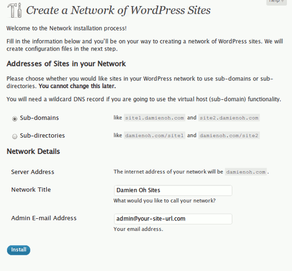 Страница установки сети в настройках инструментов