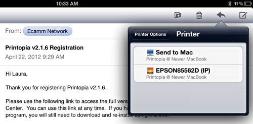 Список доступных принтеров и опций сохранения, включая отправку в Dropbox и Evernote