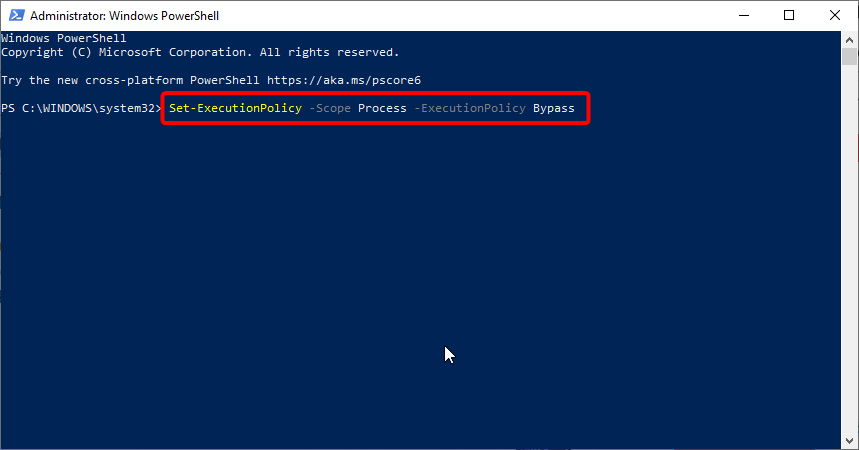 Команда установки политики Bypass для процесса PowerShell