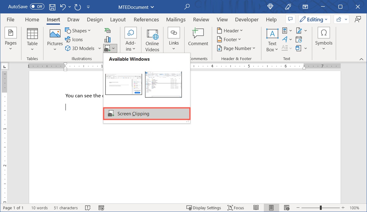 Кнопка Screen Clipping в меню Снимок экрана
