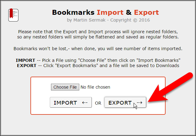 Кнопка Export в расширении Bookmarks Import & Export