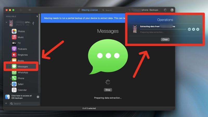 iMazing извлекает сообщения для экспорта