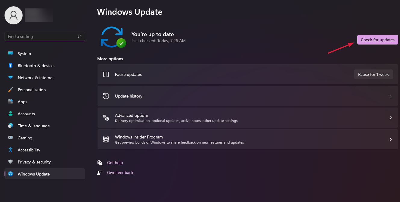 Кнопка проверки обновлений Windows Update